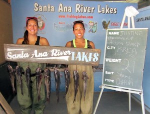 Justine Chevaliver & Alison Sharp of Brea caught 9 catfish totaling 21 pounds using shrimp -float tubing in the catfish lake