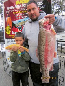 Lopez of El Monte caught a 14 pound 8 ounce trout using chartreuse garlic Power-Bait fishing from La Palma point - SARL