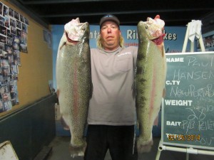 Paul Hanson of Newport landed 2 big trout a 14 pound 8 ounce and a 14 pound 2 ounce trout using Berkley trout pellets fishing Chris' Pond - SARL