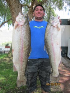 Adrian Contreras of Mira Loma caught a 16 pound trout and a 10 pound trout using Bline white worm fishing from a pontoon boat