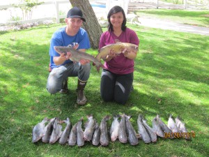 Jeff Chodowski & his wife Mrs. Chowdowski caught both double limited 20 catfish totaling 51 pounds using shrimp from a boat fishing near the boat dock.