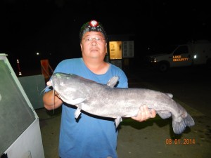 Jason Cho of Anaheim caught and released a 13 pound 8 ounce catfish using shrimp  at the boat dock in the Big Lake - SARL