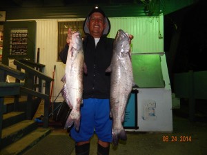 Santiago Palacios of West Covina holding up his 2 largest catfish, he caught 5 catfish totaling 25 pounds 10 ounces, his largest catfish was 10 pounds 8 ounces using mackerel at the Bubble Hole.