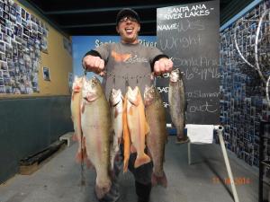 Wes Wright of Santa Ana fished the mid-day session and got his 7 fish limit - a mixture of both Sierra Bow &  Lighting Trout totaling 19 pounds using Sierra Slammers from a float tube all around the Big Lake