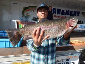 Nick Cervantes of Placentia caught a 8 pound 12 ounce trout using a Rapla Firetiger from a boat near the Bubble Hole