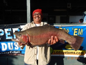 Jesus Lapena of Rollin Heights caught a beautiful 11 pound 2 ounce male hook jaw trout using spring green PowerBait fishing in the flat area on the backside of Chris' Pond