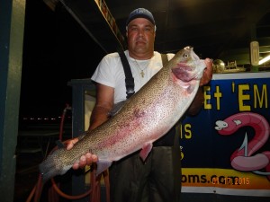Jose Lamas of Simi Valley caught a 15 pound 12 ounce trout using a white LGE worm fishing at the Bubble Hole.
