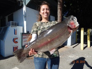 Rachel Diaz of South Pasadena caught a 9 pound 3 ounce trout using a green Smokin Jigz worm at the Bubble Hole