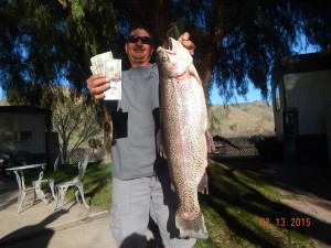 Arturo Velasquez of Anaheim caught a 12 pound 4 ounce trout using PowerBait from his float tube.  Arturo took 1st place in the Corona Lake Valentine's Day float tube & kayak tournament