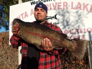 John Barroso of Whittier caught a 13 pound 8 ounce trout using a mice tail at Sandy Beach.