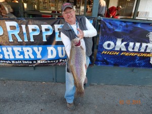 Jim Sharkey of Anaheim caught a 18 pound trout using rainbow garlic PowerBait fishing in the Big Lake at the Boat Dock