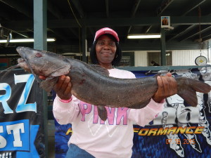 Joyce Woodall of Hemet caught a 9 pound 8 ounce catfish using mealworms fishing at The Road