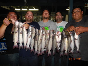five fishermen Kevin Valdez, Co Tang, Daniel Garcia, Leramy Phol & Phillip Bennes of La Puente teamed up to land 22 catfish totaling 43 poun
